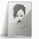 Framed minimalist wall art featuring an abstract design with soft white and gray tones, displayed from the front within a sleek acrylic frame, ideal for modern decor.