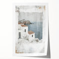Abstract architectural wall art print showcasing geometric shapes in shades of blue and gray, rolled and ready for display in a stylish modern setting.