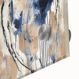 Close-up of colorful abstract acrylic splatters on glass, showcasing vibrant hues of blue, orange, and yellow. Perfect for modern home decor.