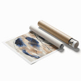 Abstract splatter art print rolled up in a sturdy tube, showcasing vibrant colors of blue, yellow, and red, ideal for modern home decor and artistic displays.