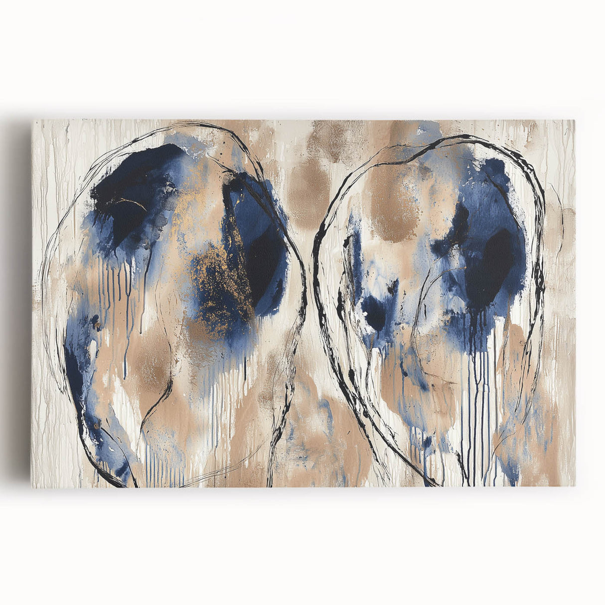 Abstract splattered canvas art showcasing vibrant colors of blue, orange, and yellow, perfect for modern home decor, enhancing any living space with bold creativity.