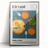 Mid-century modernist art featuring an array of food dishes in muted earth tones, presented as a framed acrylic print.