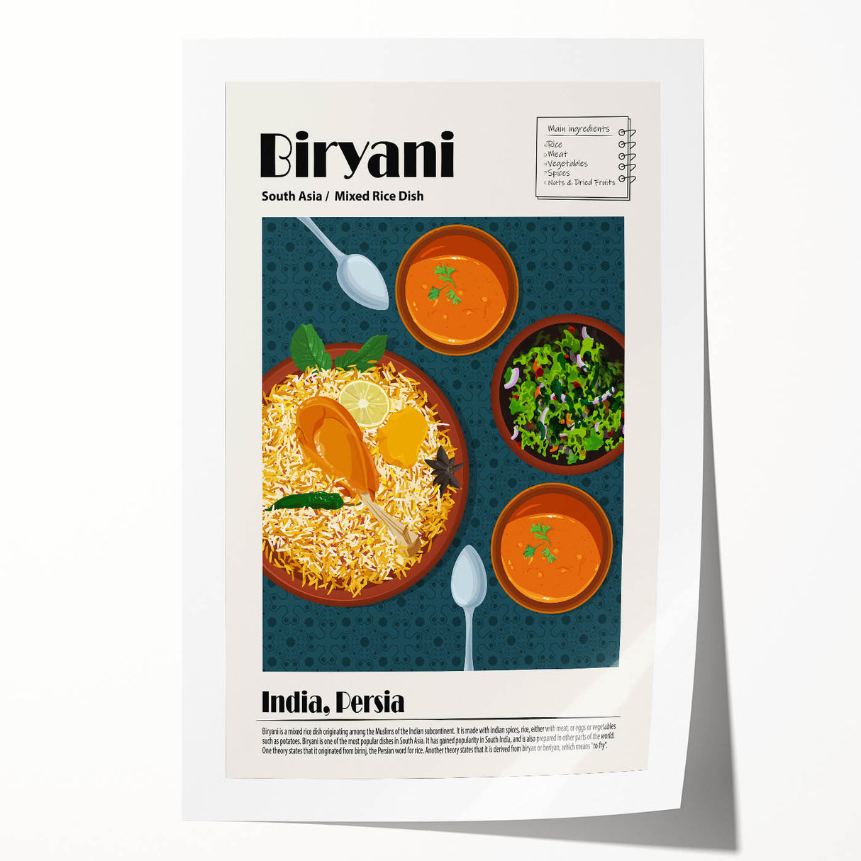 Rolled print featuring an array of colorful food dishes, ideal for art wall dining room or classy bathroom decor.