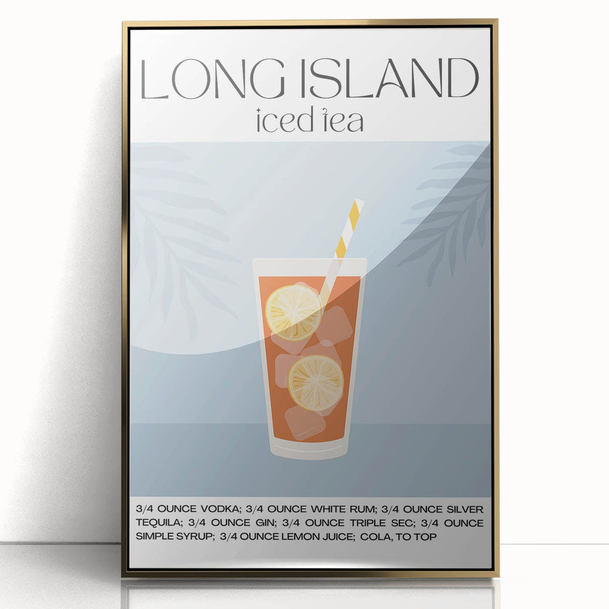 Art Deco poster of food and drinks in gold frame, ideal for modern kitchen wall decor.