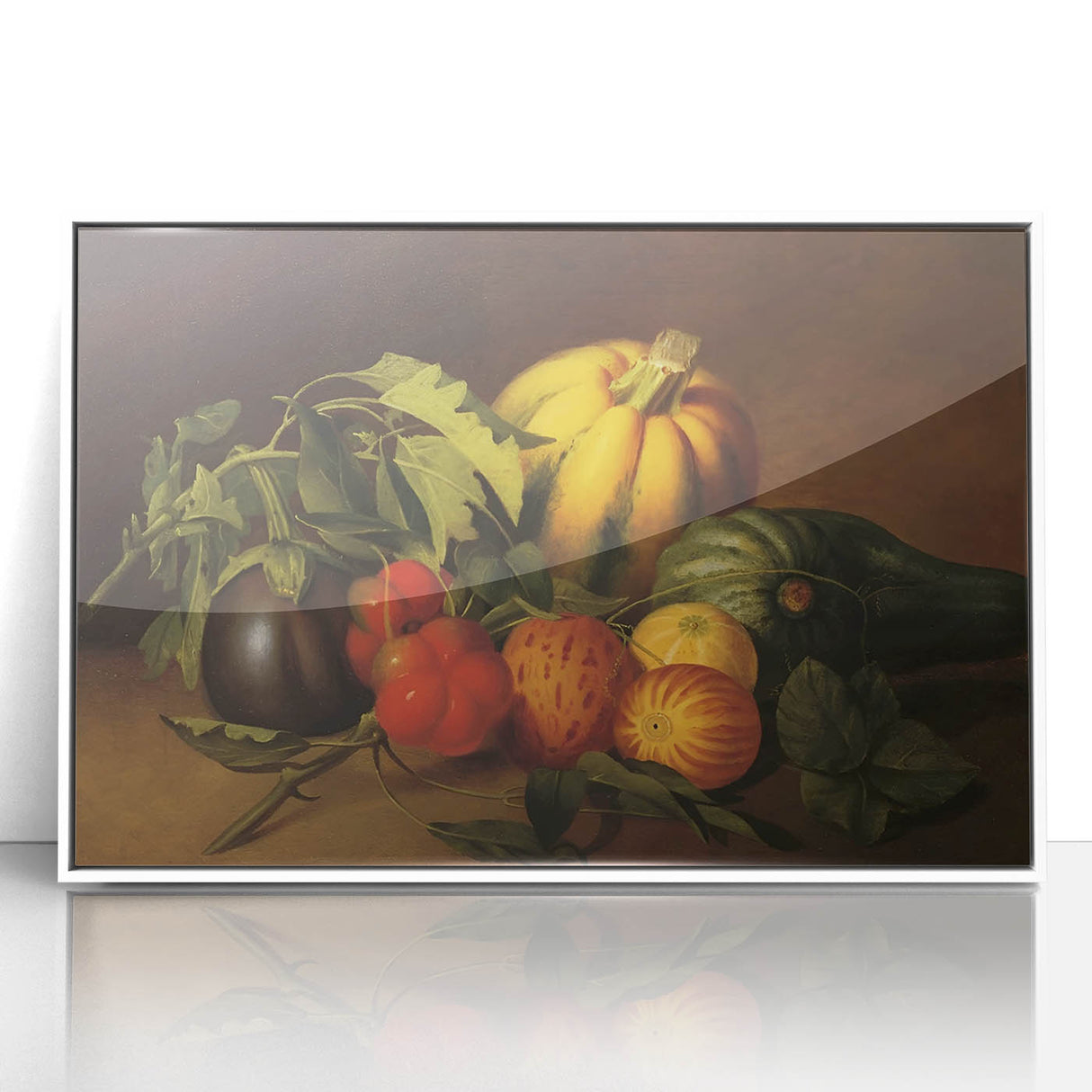 Art deco poster of assorted fruits in vibrant colors on white acrylic, ideal for modern nursery wall decor.