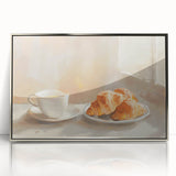 Mid-century modernist art featuring assorted pastries in muted colors on a silver-framed acrylic, ideal for nursery wall art.