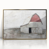 Framed acrylic wall art depicting a serene landscape with a rustic barn surrounded by greenery, highlighted by elegant gold accents, perfect for home decor.