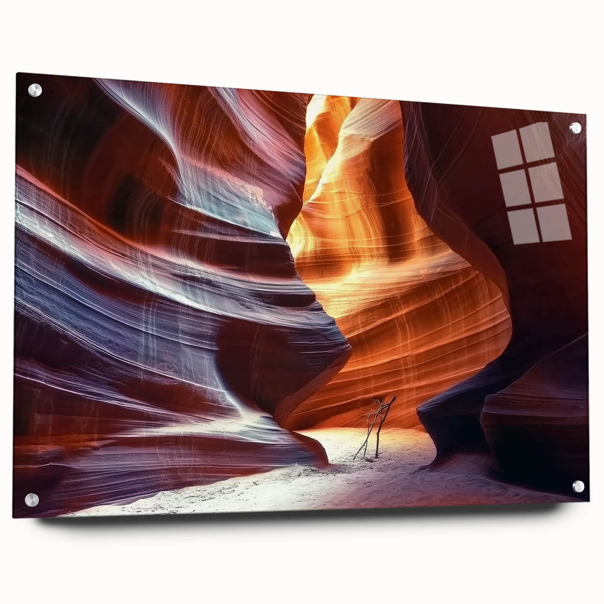 Acrylic artwork depicting stunning canyons in vibrant colors, showcased in a side view with decorative pins. Ideal for modern home decor and art collectors.