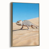 Framed canvas artwork depicting a stunning desert landscape, showcasing vibrant golden hues and intricate details, ideal for home decor and art enthusiasts.