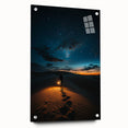 Acrylic glass artwork titled "Dunes," showcasing a stunning landscape with vibrant sand dunes in warm tones. Side view highlights the artwork's depth and pins for display.