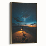 Framed canvas artwork showcasing a serene landscape of rolling dunes in soft gold hues, accentuated by a sleek gold frame, ideal for modern home decor.