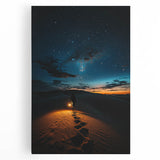 Stretched canvas artwork depicting vibrant desert dunes at sunset, showcasing rich oranges and yellows, perfect for enhancing any modern living space.