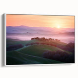 Framed canvas artwork depicting a serene landscape of rolling fields under a clear blue sky, showcasing vibrant green hues and soft white clouds, perfect for home decor.