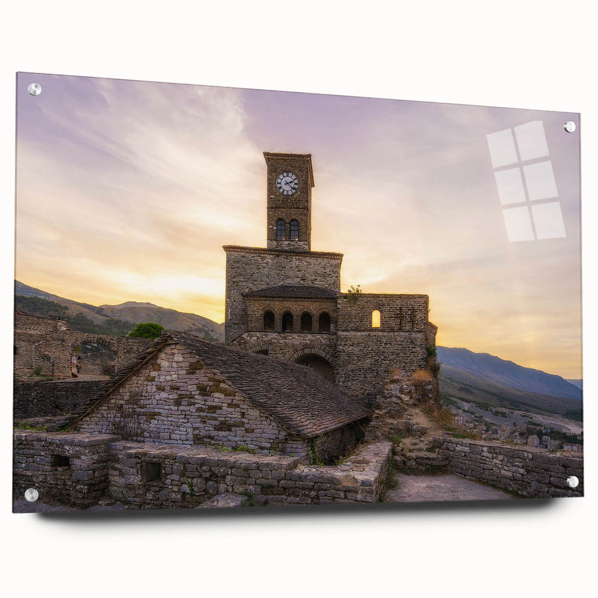 Large abstract wall art depicting a European scenery in muted earth tones on acrylic glass, ideal for dining room decor.