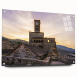 Large abstract wall art depicting a European scenery in muted earth tones on acrylic glass, ideal for dining room decor.