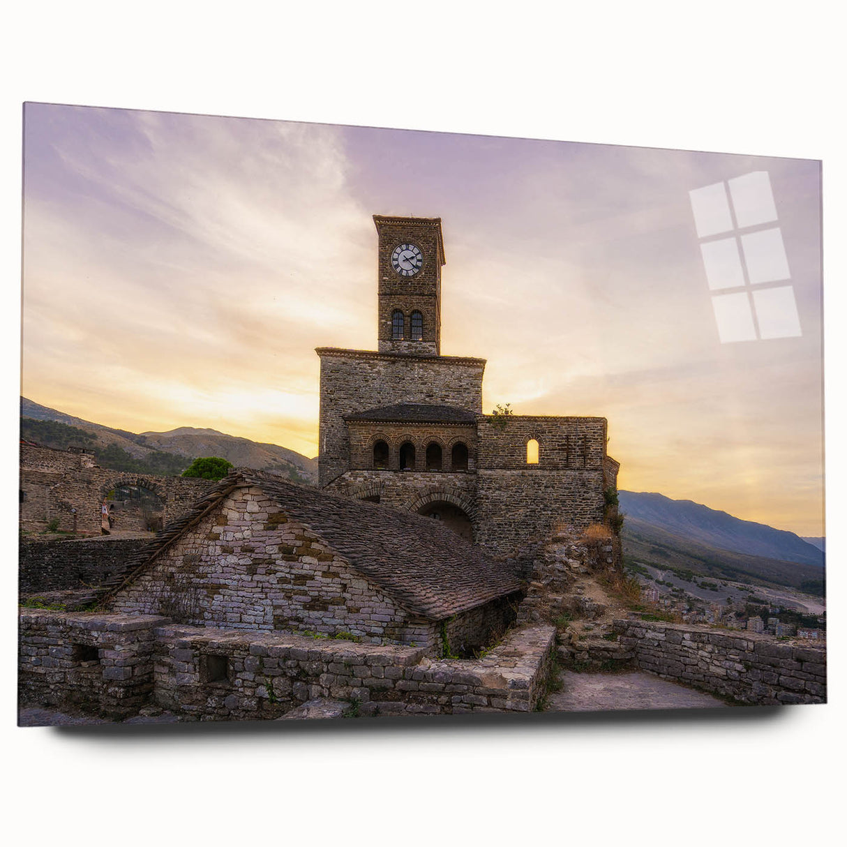 Large abstract wall art of a European Albanian scenery in muted earth tones on acrylic glass.