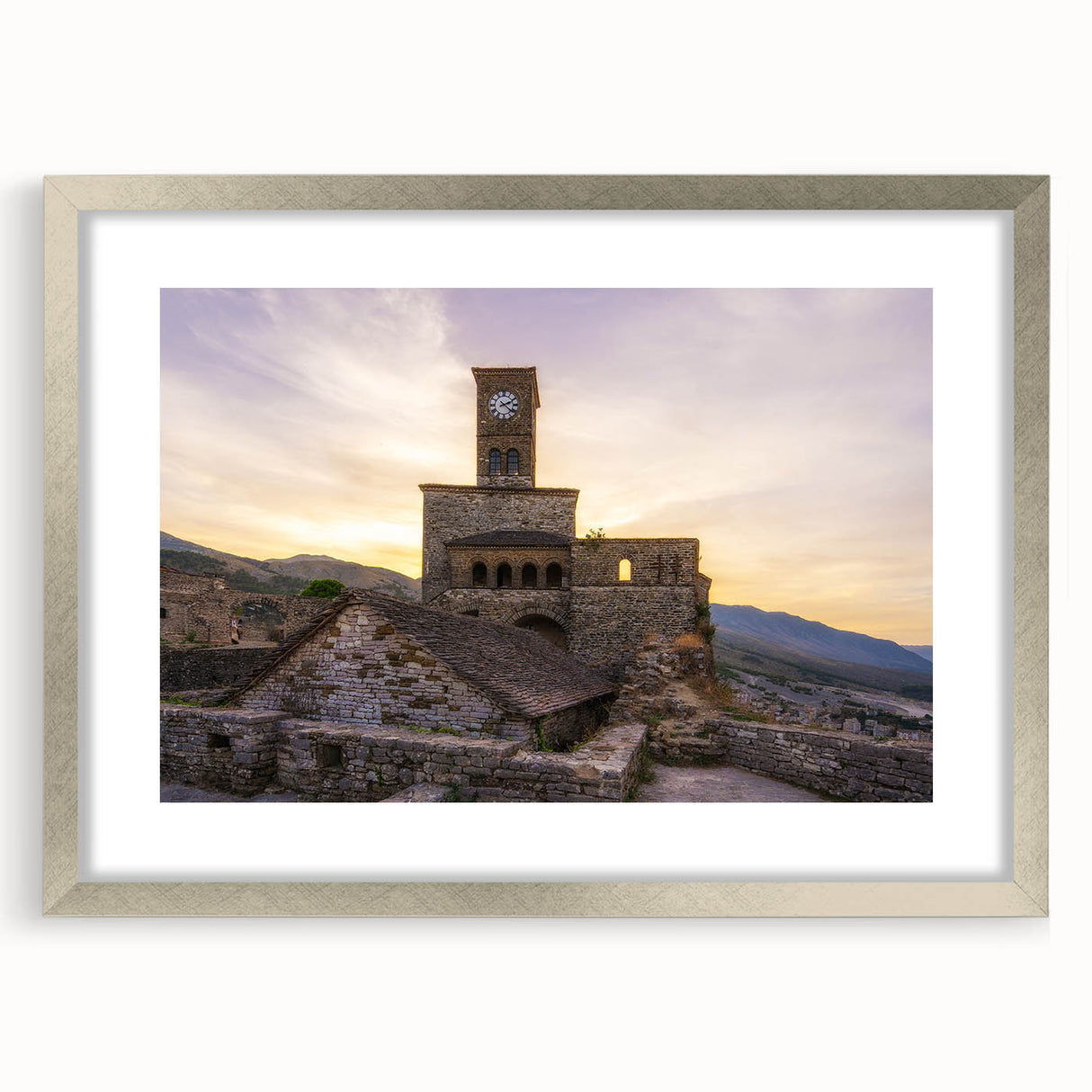Extra large abstract art print of a European landscape in muted earth tones on a framed silver mat.