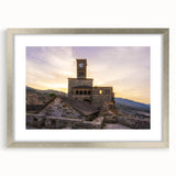 Extra large abstract art print of a European landscape in muted earth tones on a framed silver mat.