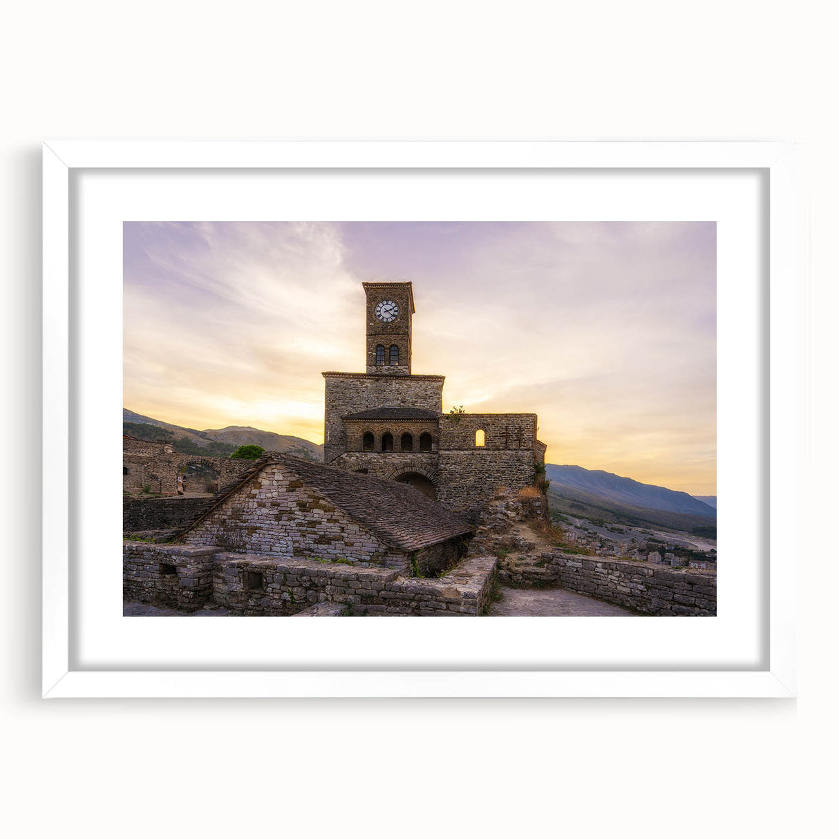 Textured abstract art print featuring soft pastel shades of a European scenery on a framed white mat, ideal for bedroom art.