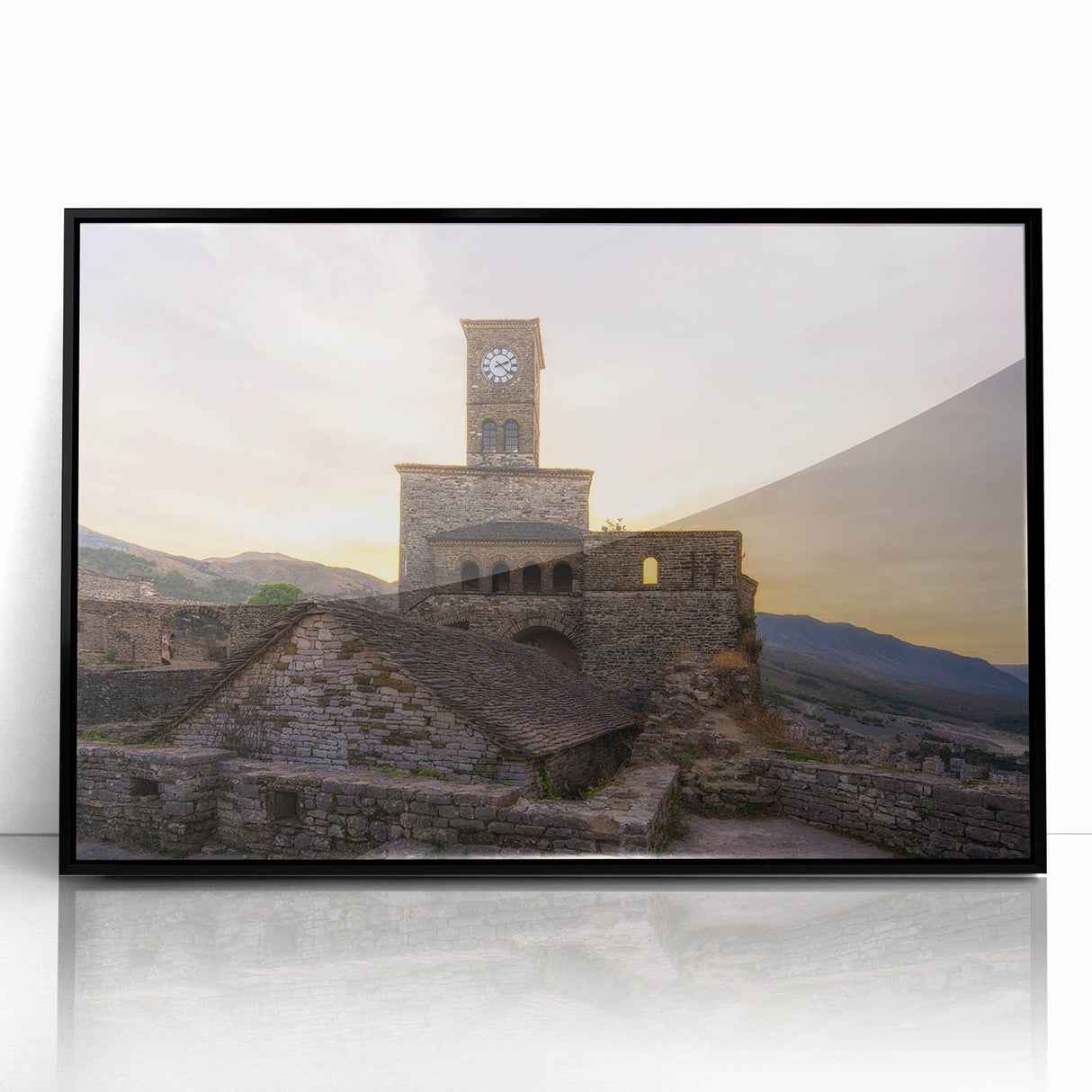 Large abstract wall art depicting a European Albanian scenery in muted earth tones, framed in black acrylic.