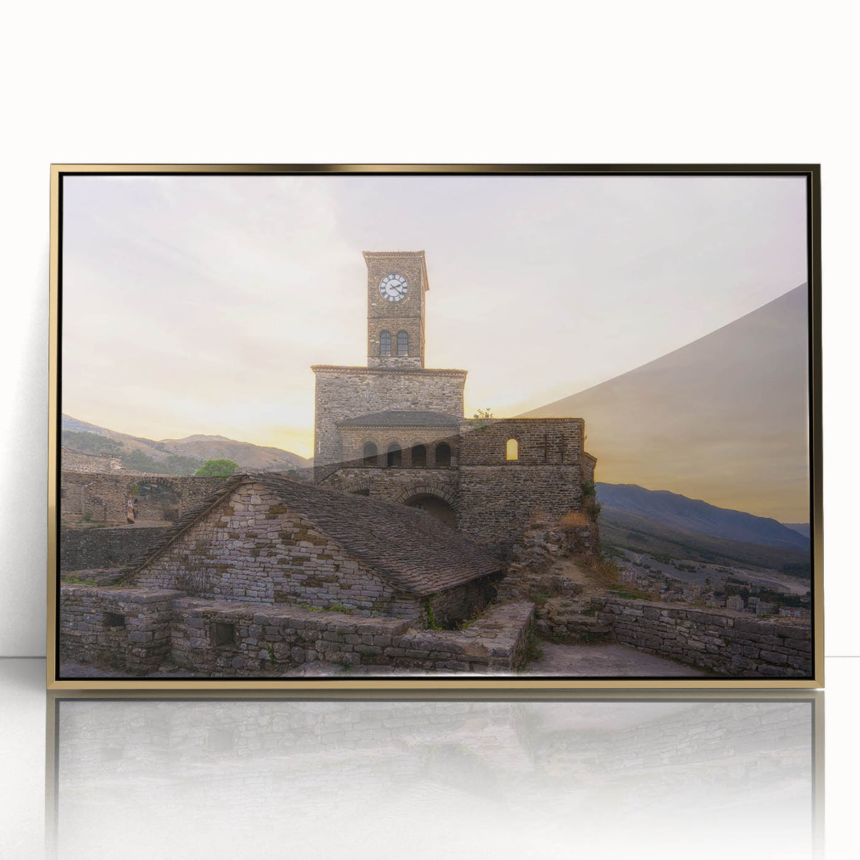 Art Deco poster of a European scenery in Albania, framed acrylic with gold accents, ideal for modern art wall decor.