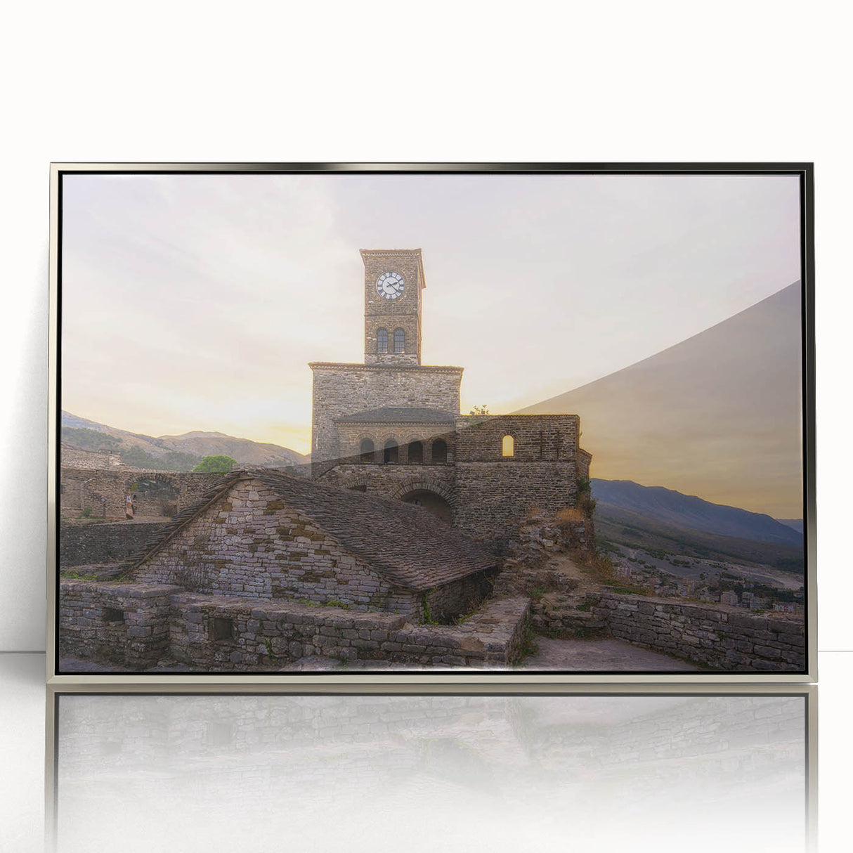 Mid-century modernist art of an Albanian landscape in muted earth tones on a framed acrylic print.