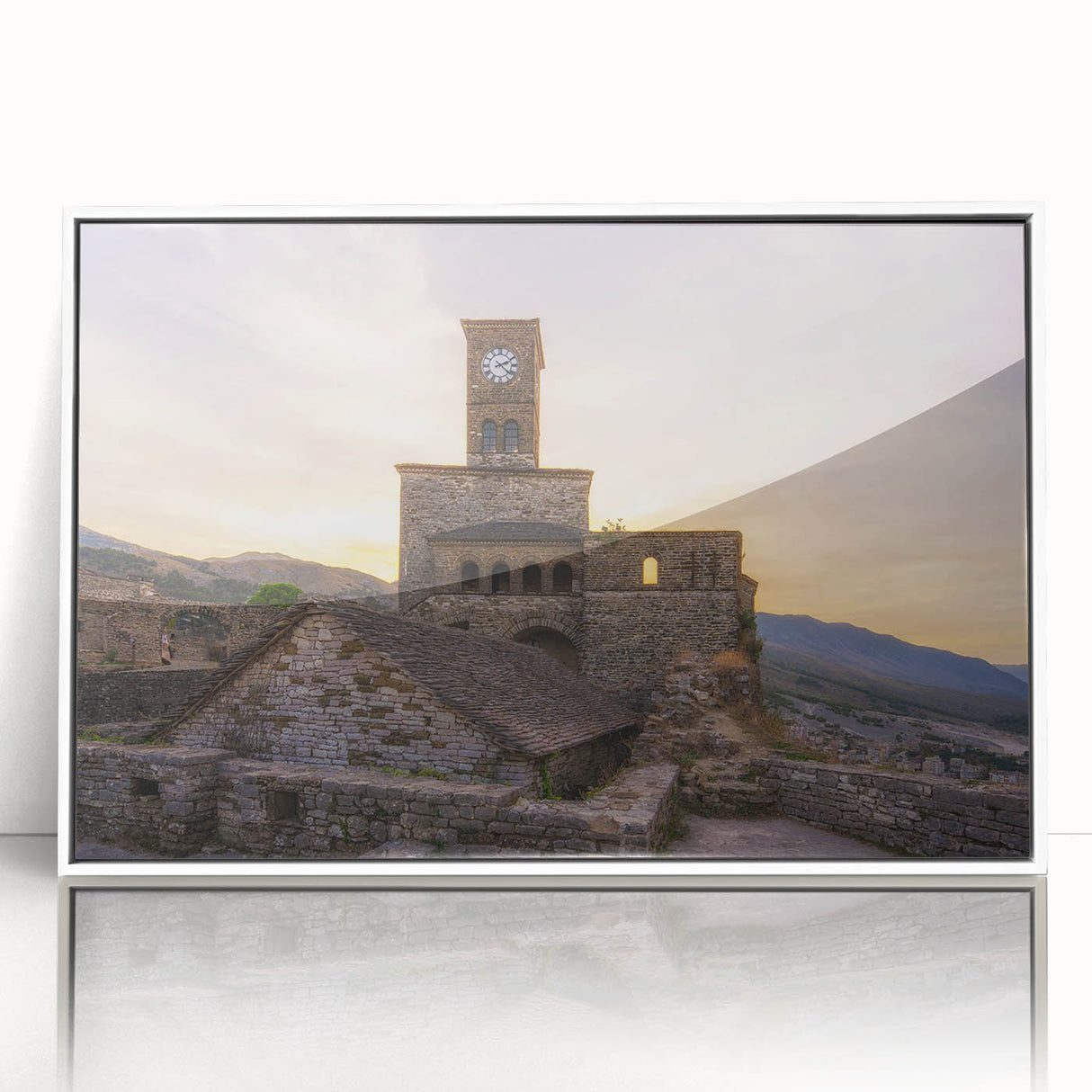 Mid-century modernist art depicting an Albanian landscape in muted earth tones on a framed acrylic.