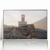 Mid-century modernist art depicting an Albanian landscape in muted earth tones on a framed acrylic.