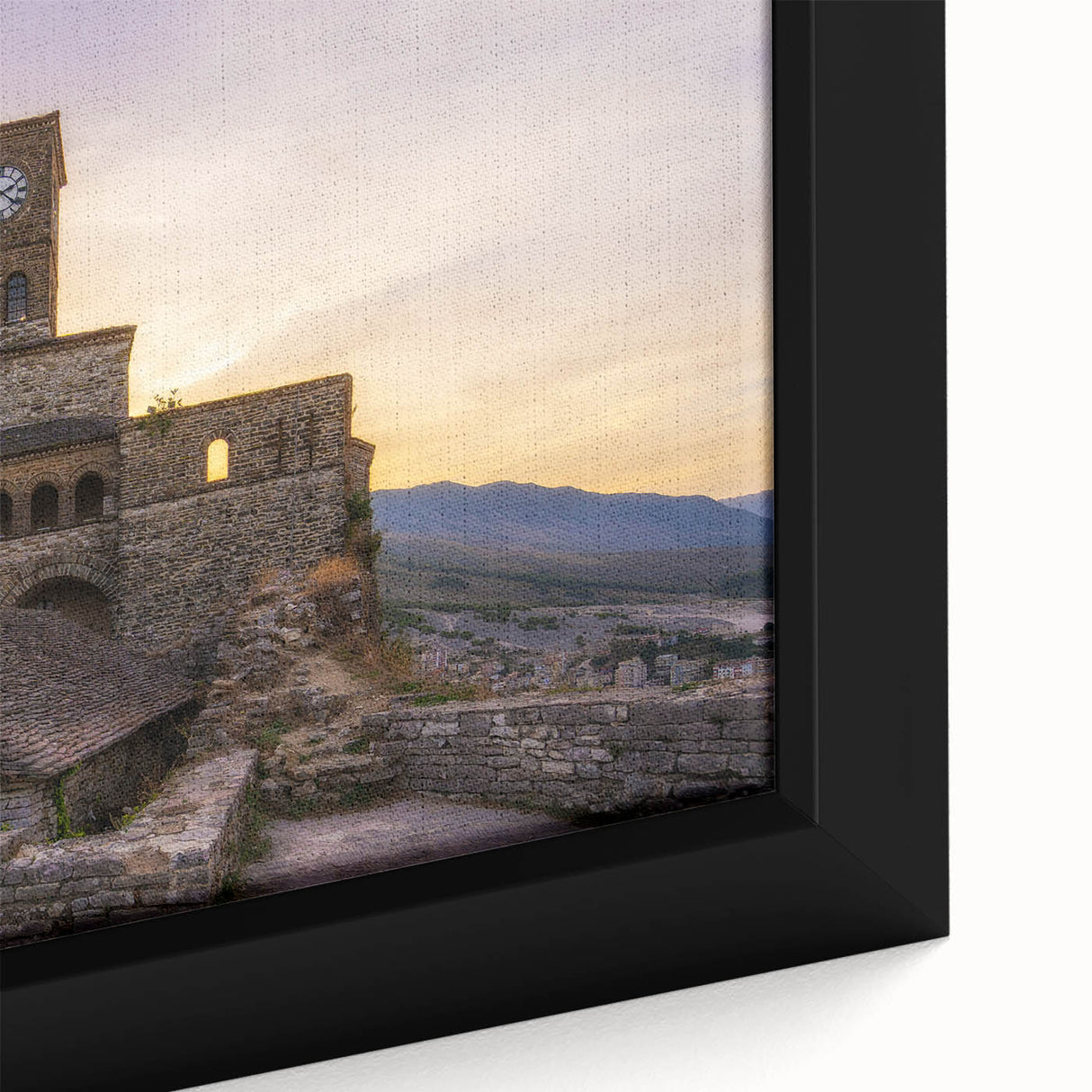 Extra large framed canvas featuring a textured depiction of a European Albanian scenery in black with colorful art accents.