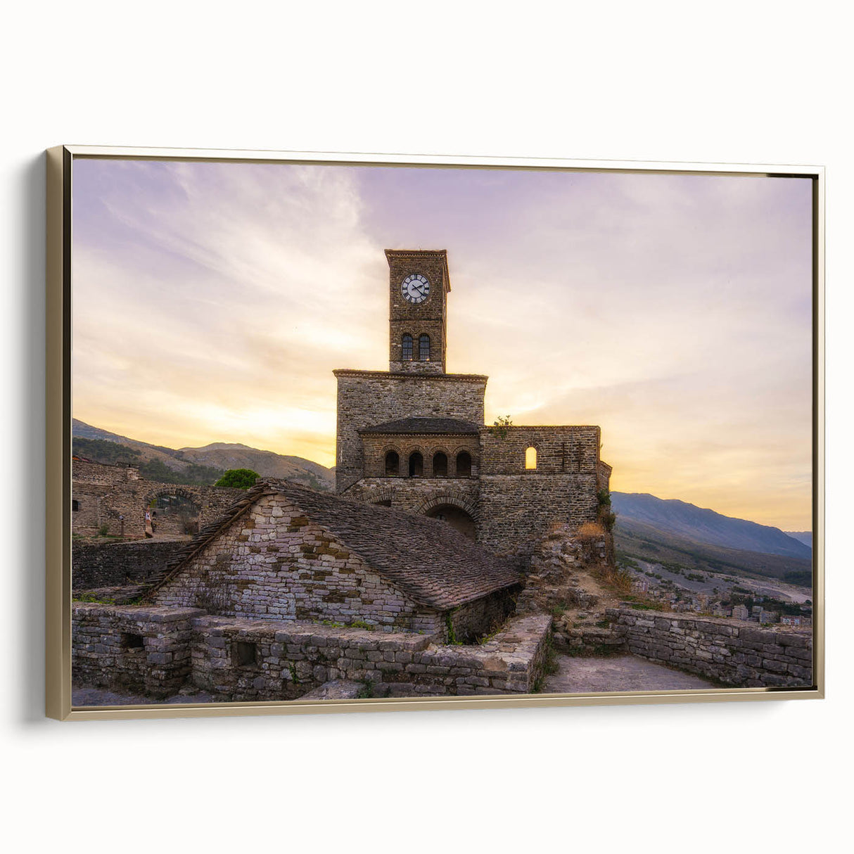 Framed canvas depicting a vintage-style landscape of Albania in muted gold and black tones, ideal for bedroom wall art.
