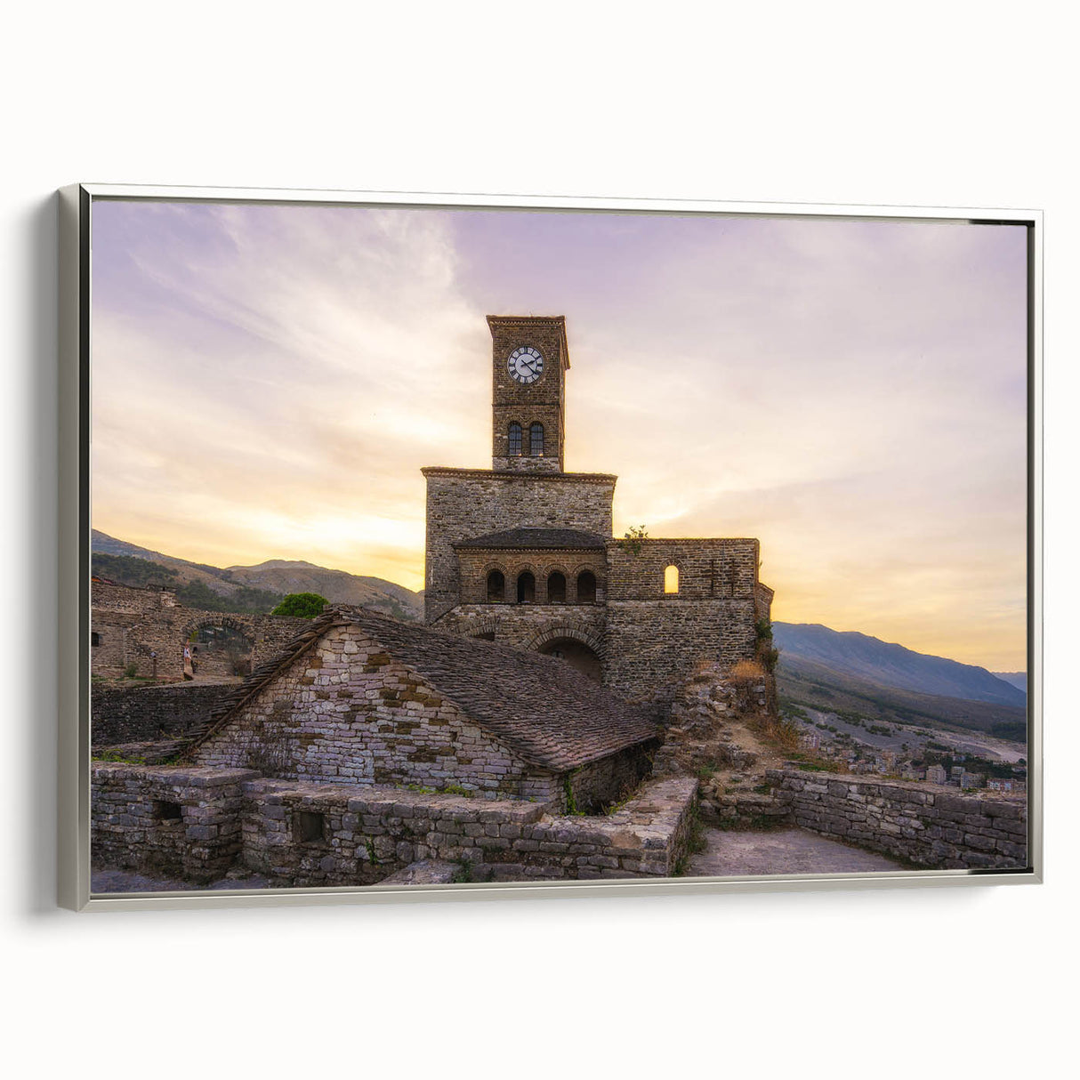 Landscape art painting of a European Albanian scenery on framed canvas, featuring a blend of black and colorful elements.