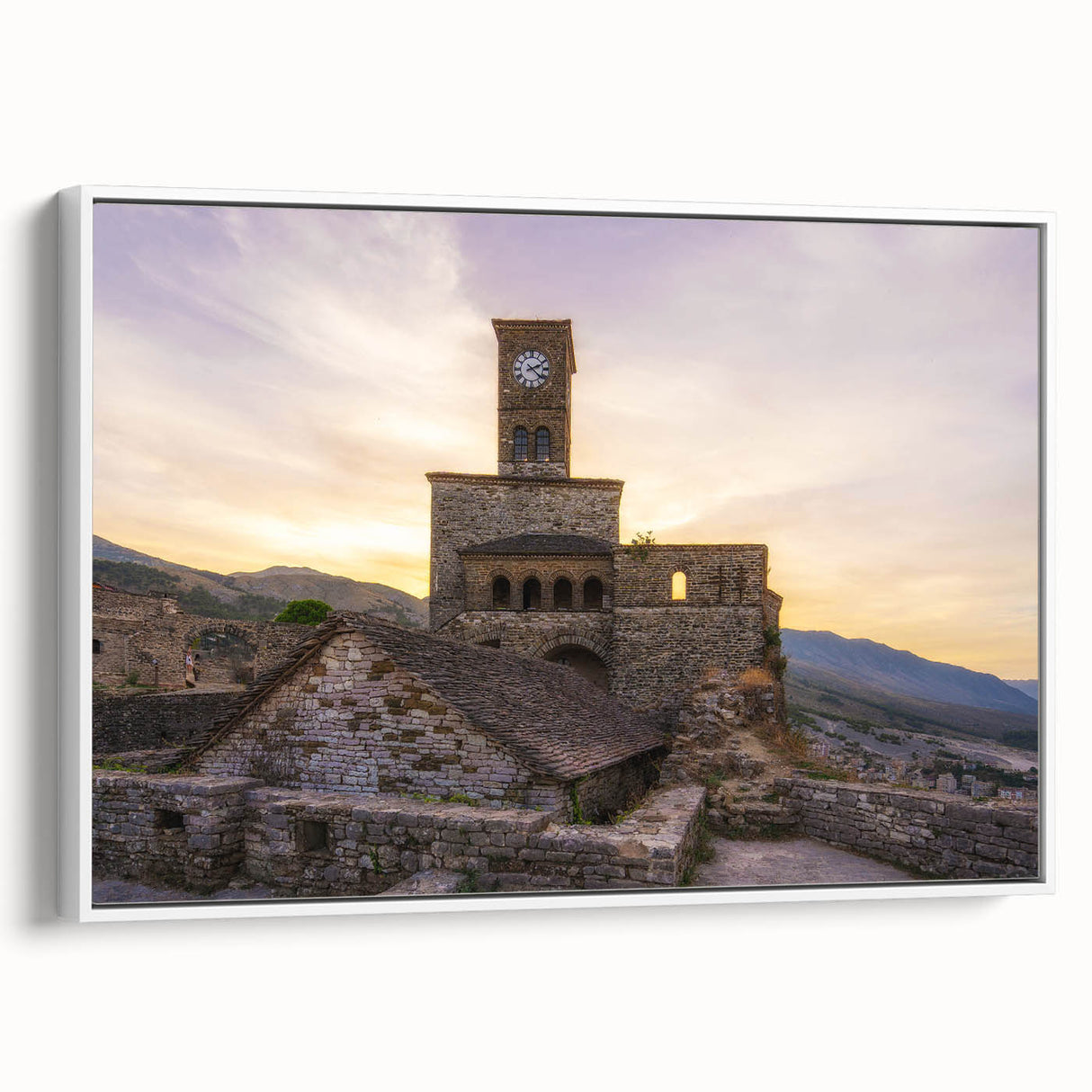 Vintage poster art of an Albanian landscape on extra large framed canvas, featuring vibrant colors.
