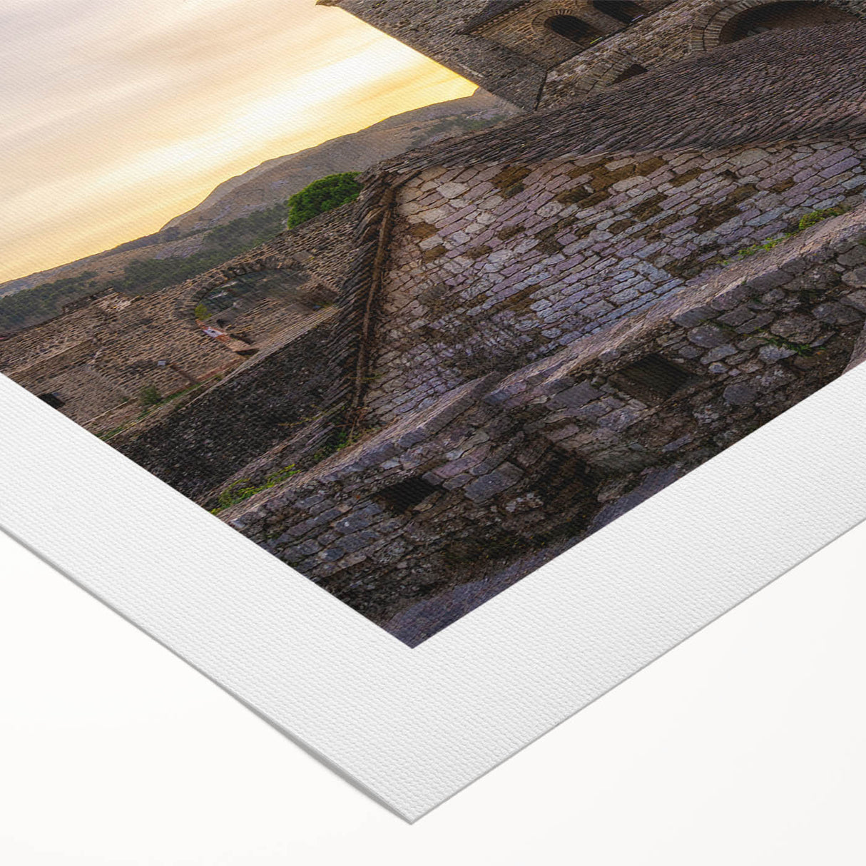 Art deco poster featuring a serene Albanian landscape on rolled canvas, ideal for dining room decor.