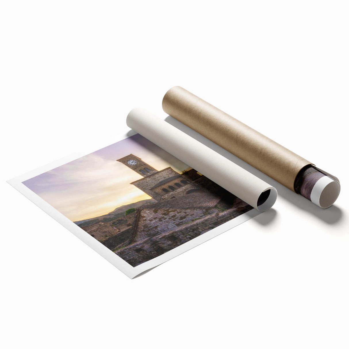 Extra large rolled print of a European Albanian landscape with muted green and earth tones.