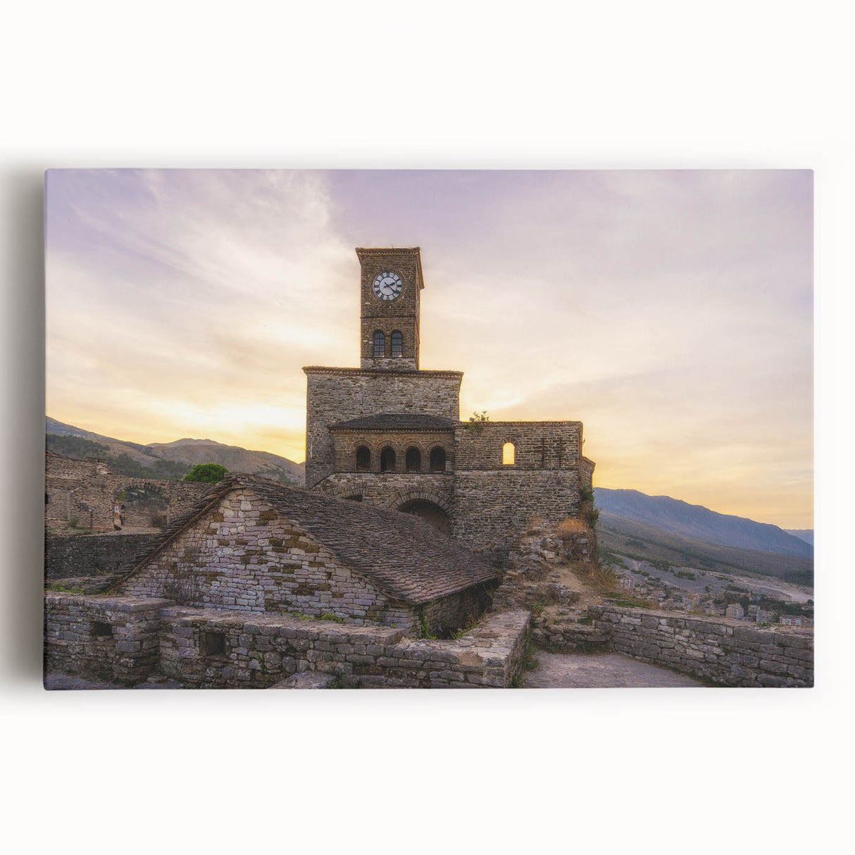 Black and white photograph of a European cityscape on stretched canvas, ideal for kitchen wall art.