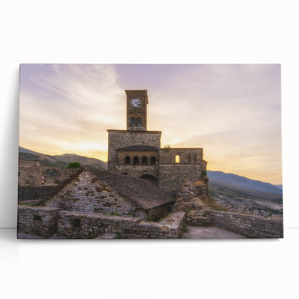 Black and white photograph of a European cityscape on a large stretched canvas, ideal for kitchen wall art.