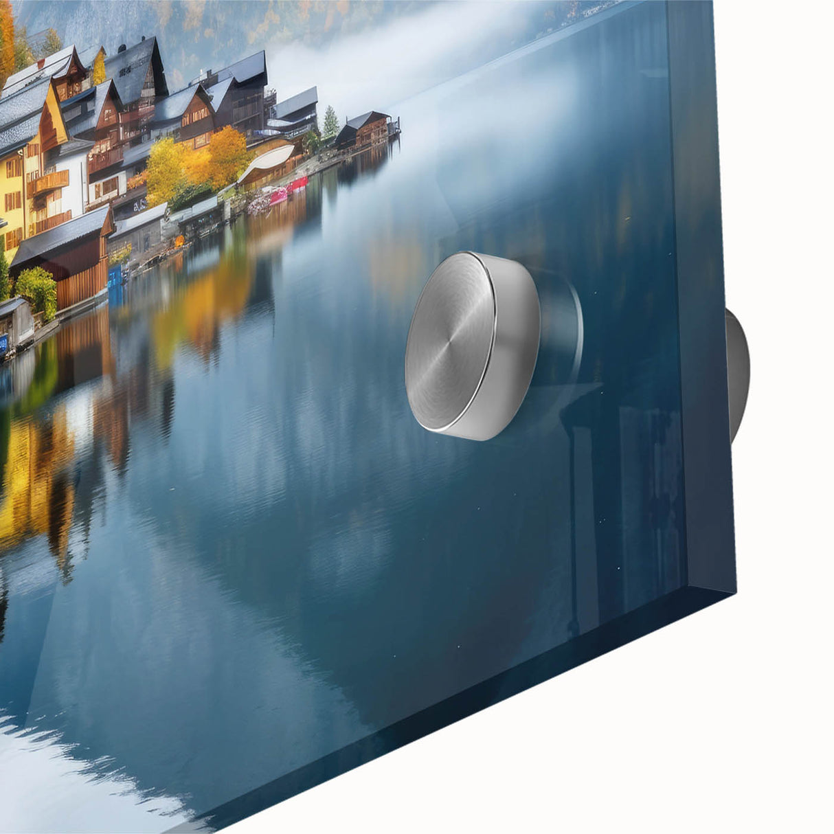 Large abstract wall art depicting a European Austrian landscape in muted colors on acrylic glass.