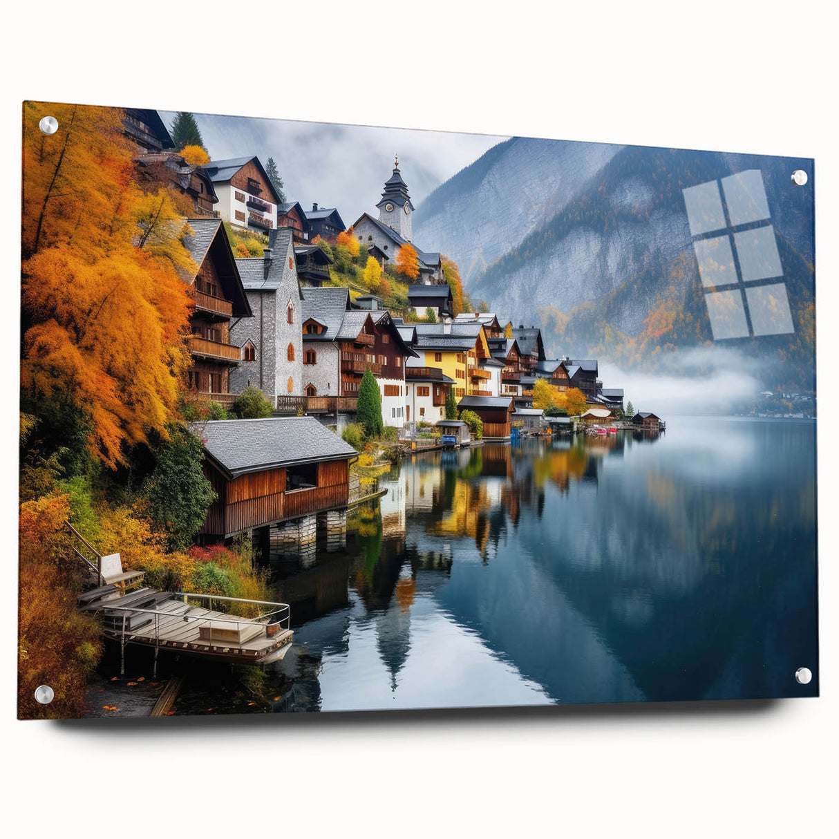 Large abstract wall art featuring a European landscape in muted green and blue shades, acrylic glass format.