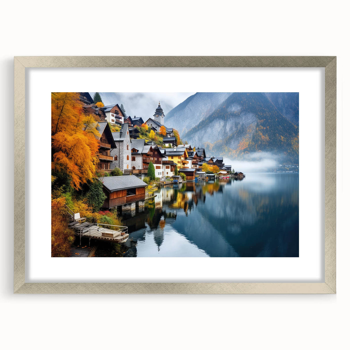 Abstract art print of European scenery in muted earth tones on a framed canvas, ideal for large living room walls.