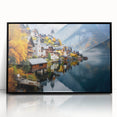 Large abstract wall art depicting a European cityscape in Austria with muted gray and blue tones on a framed acrylic.