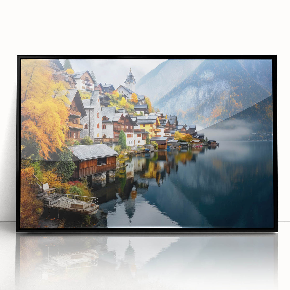 Large abstract wall art depicting a European cityscape in Austria with muted gray and blue tones on a framed acrylic.
