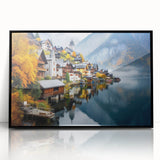 Large abstract wall art depicting a European cityscape in Austria with muted gray and blue tones on a framed acrylic.