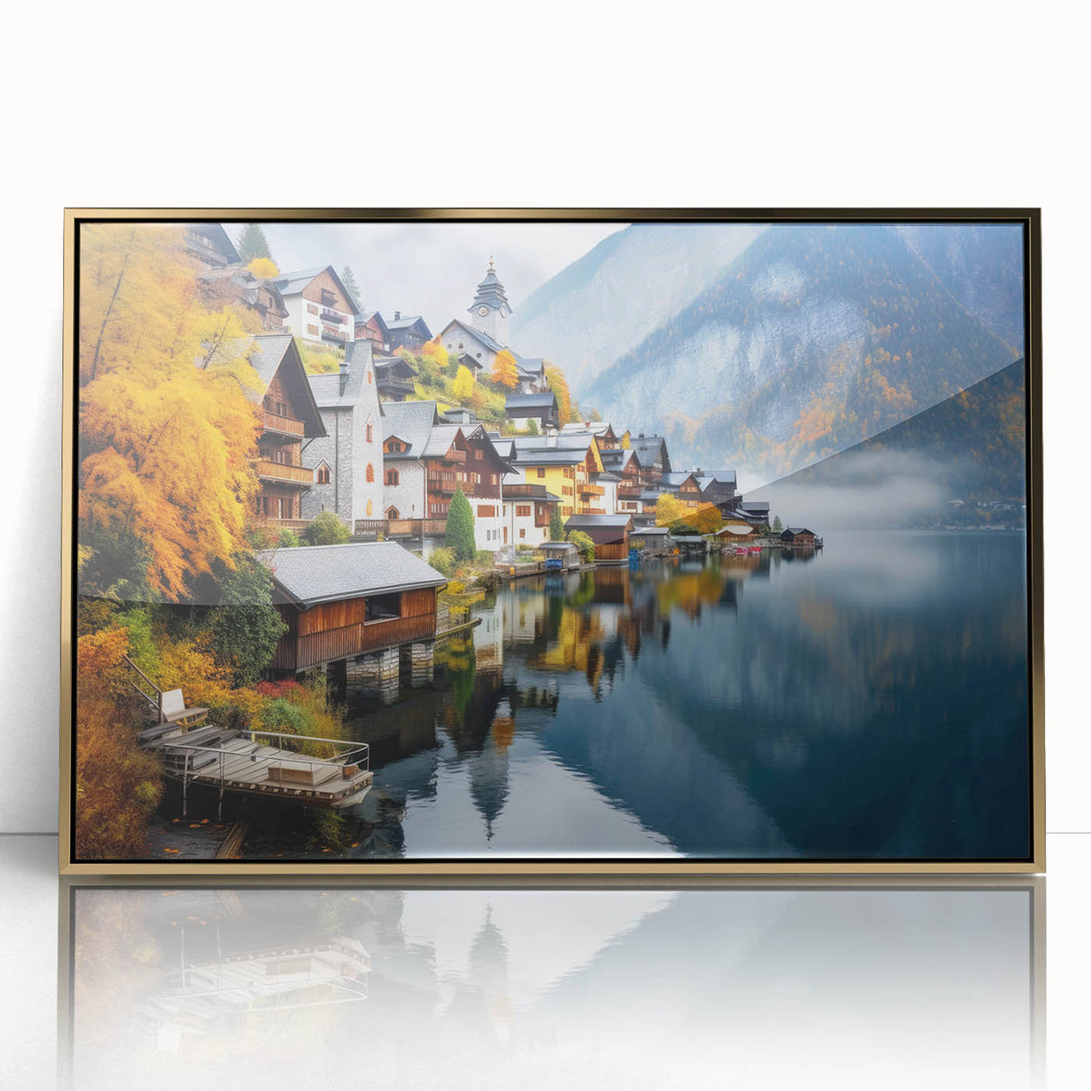 Art deco poster depicting a serene Austrian landscape in muted gold tones on framed acrylic.