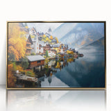 Art deco poster depicting a serene Austrian landscape in muted gold tones on framed acrylic.