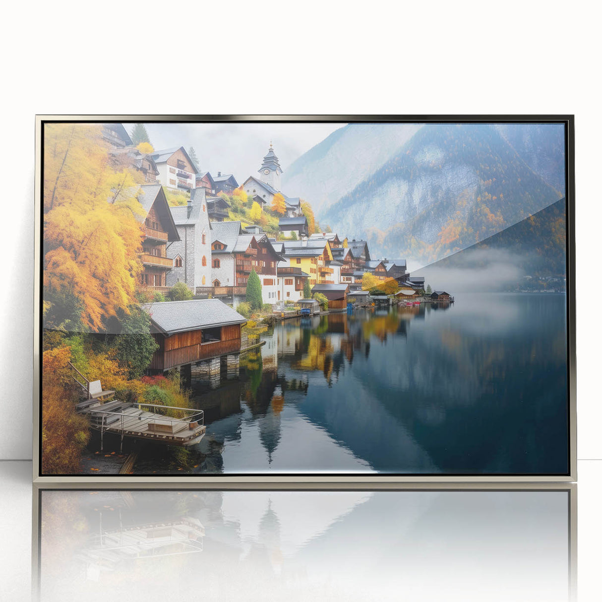 Large art print of a European Austrian scenery in muted earth tones on a silver-framed acrylic.