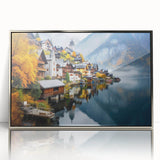 Large art print of a European Austrian scenery in muted earth tones on a silver-framed acrylic.