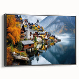 Black and white landscape art painting of a European scene on framed canvas, suitable for bedroom decor.