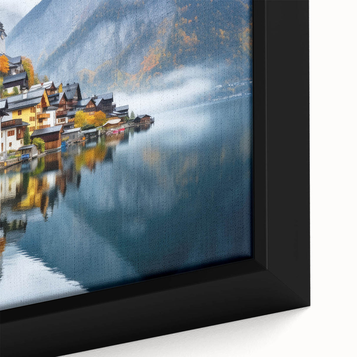 Black wall art featuring a textured Austrian landscape in colorful hues on an extra-large framed canvas.