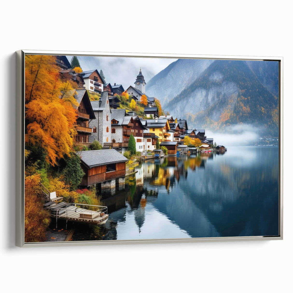 Landscape art painting of an Austrian scenery on silver-framed canvas, with vibrant colors on a black background.