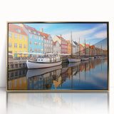Art deco poster of a European Denmark scenery in muted gold and blue tones, acrylic framed.